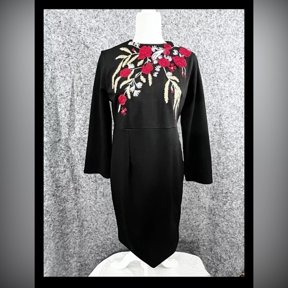 D & R Black Embroidered Hepburn Style Floral Bird Midi Dress Size XXL NWT - Picture 1 of 10